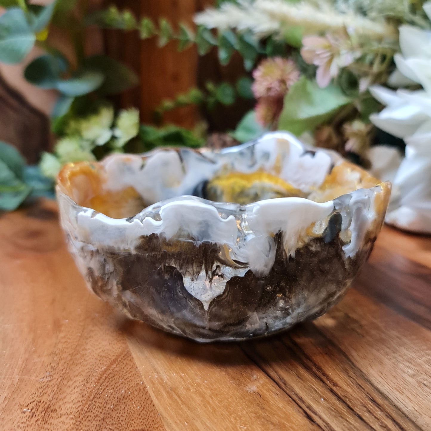 Epoxy Resin Bowl in White, Gold and Black