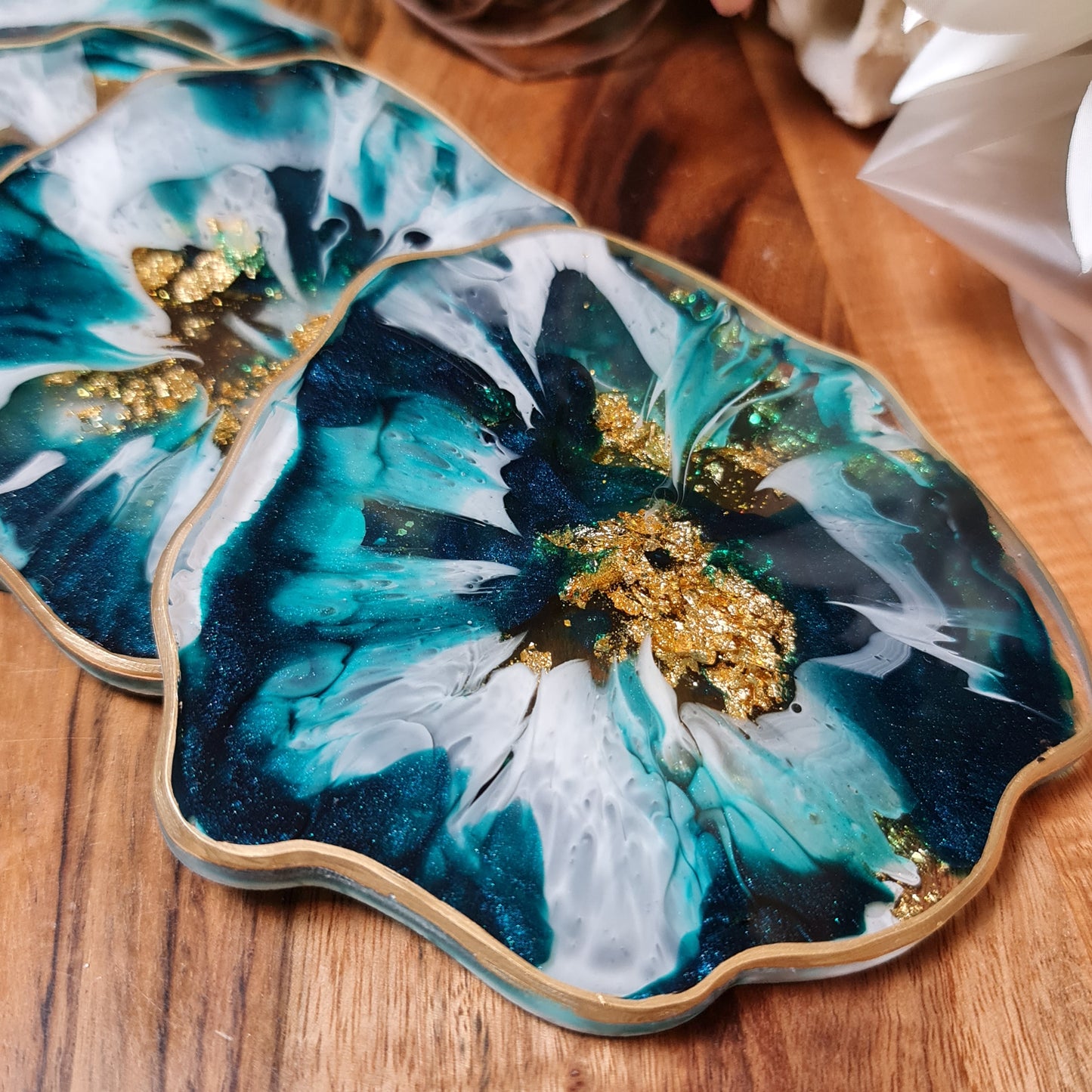 Coasters (set of 4) in Green turquoise, White and Gold