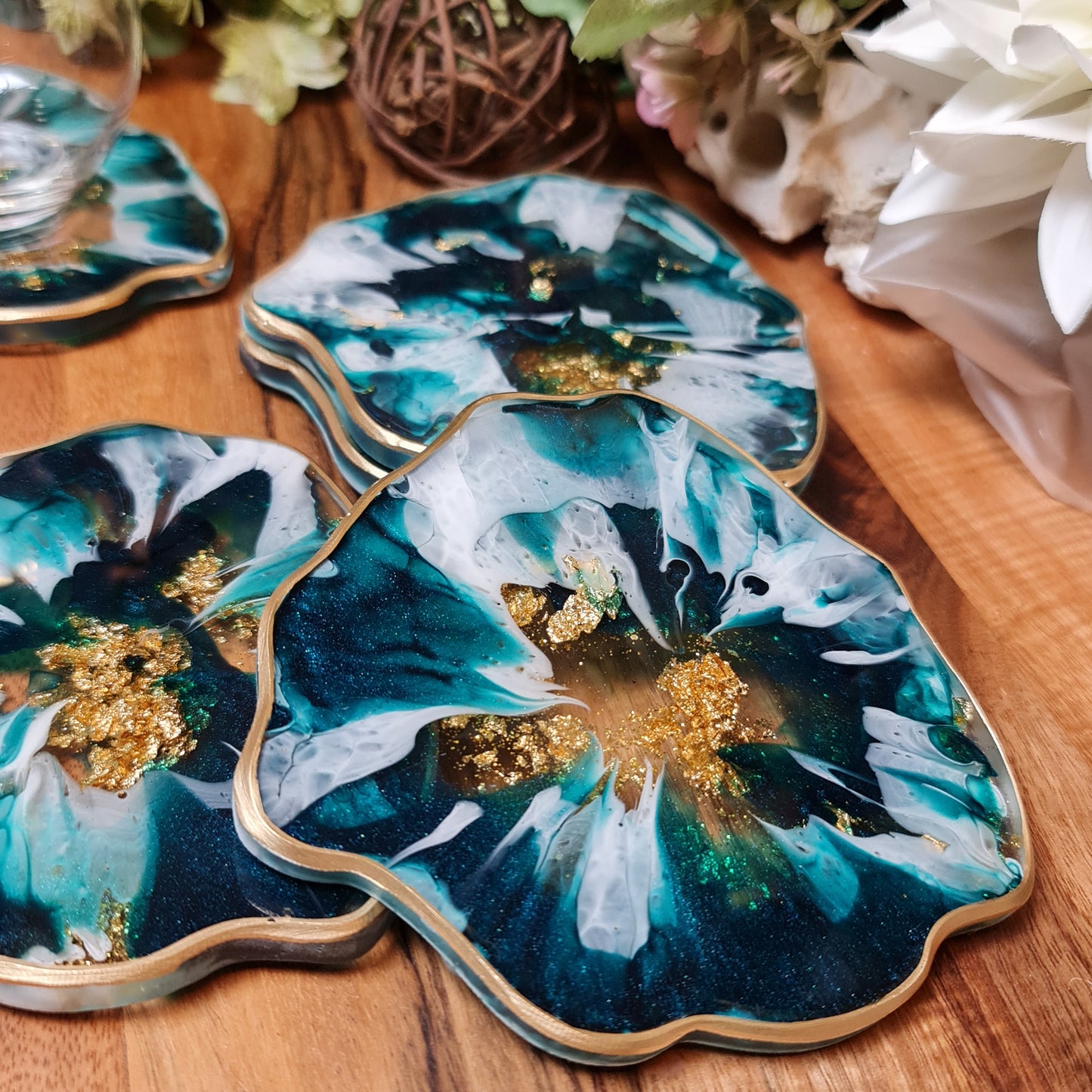 Coasters (set of 4) in Green turquoise, White and Gold