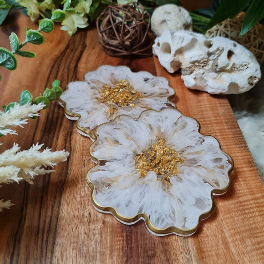 Coasters (set of 2) in Pearl White and Gold flakes