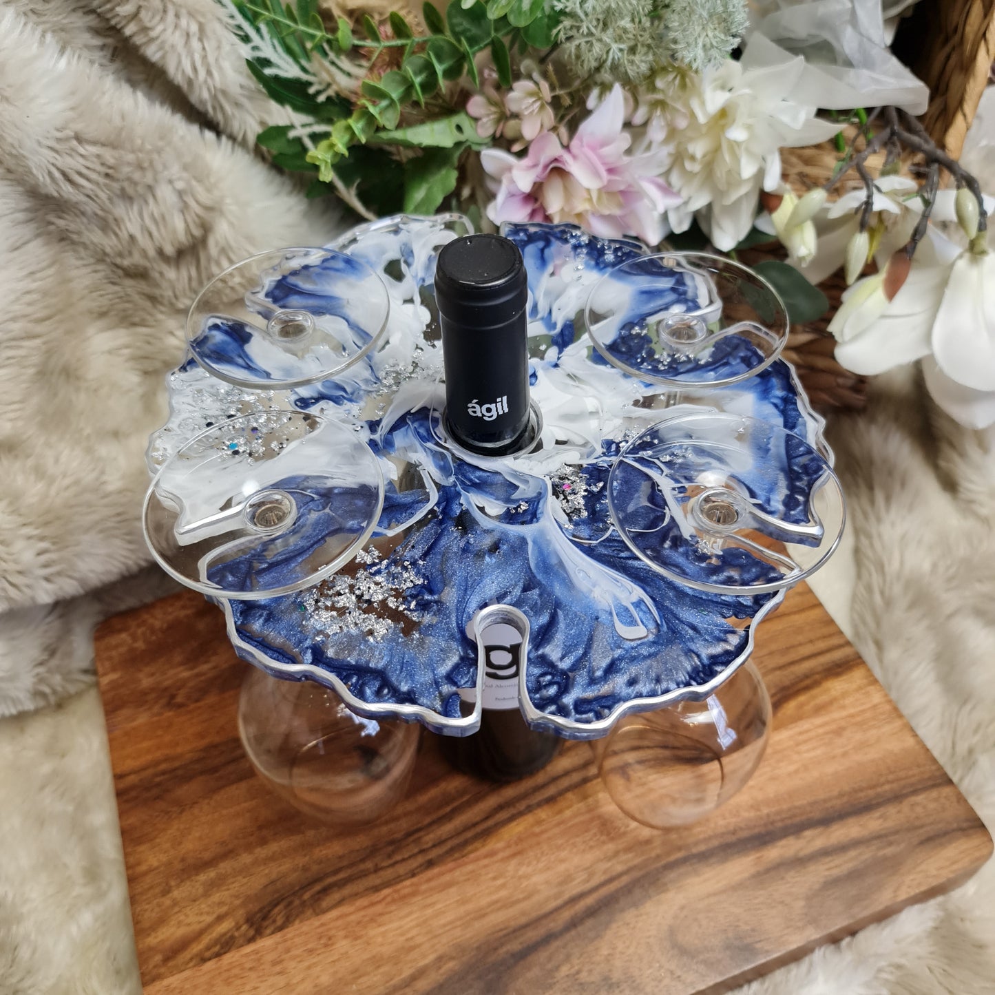 Wine Glass holder in Dark Blue and Silver
