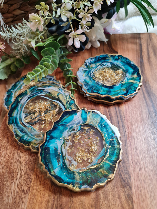 Turquoise, White and Gold Coasters (set of 2 )