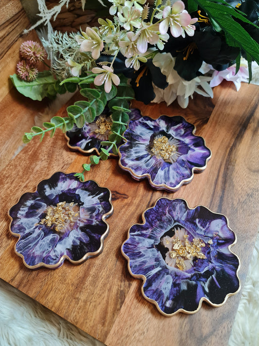 Deep purple, Black, White and Gold coasters flower shape (set of two)