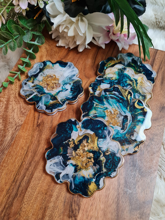 Green Turquoise, Black, White and Gold coasters flower shape (set of two)