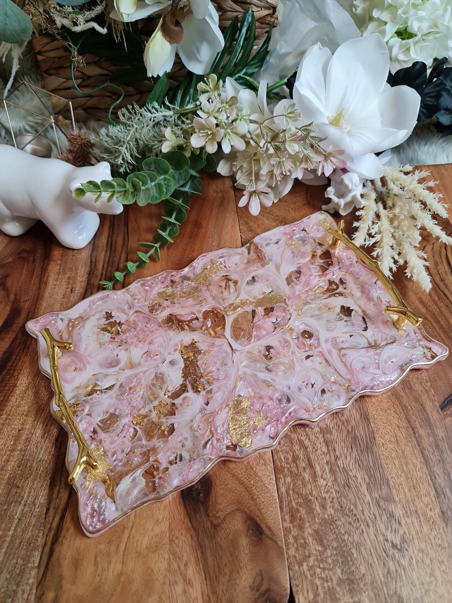 Pink, White and Gold Agate Resin Tray