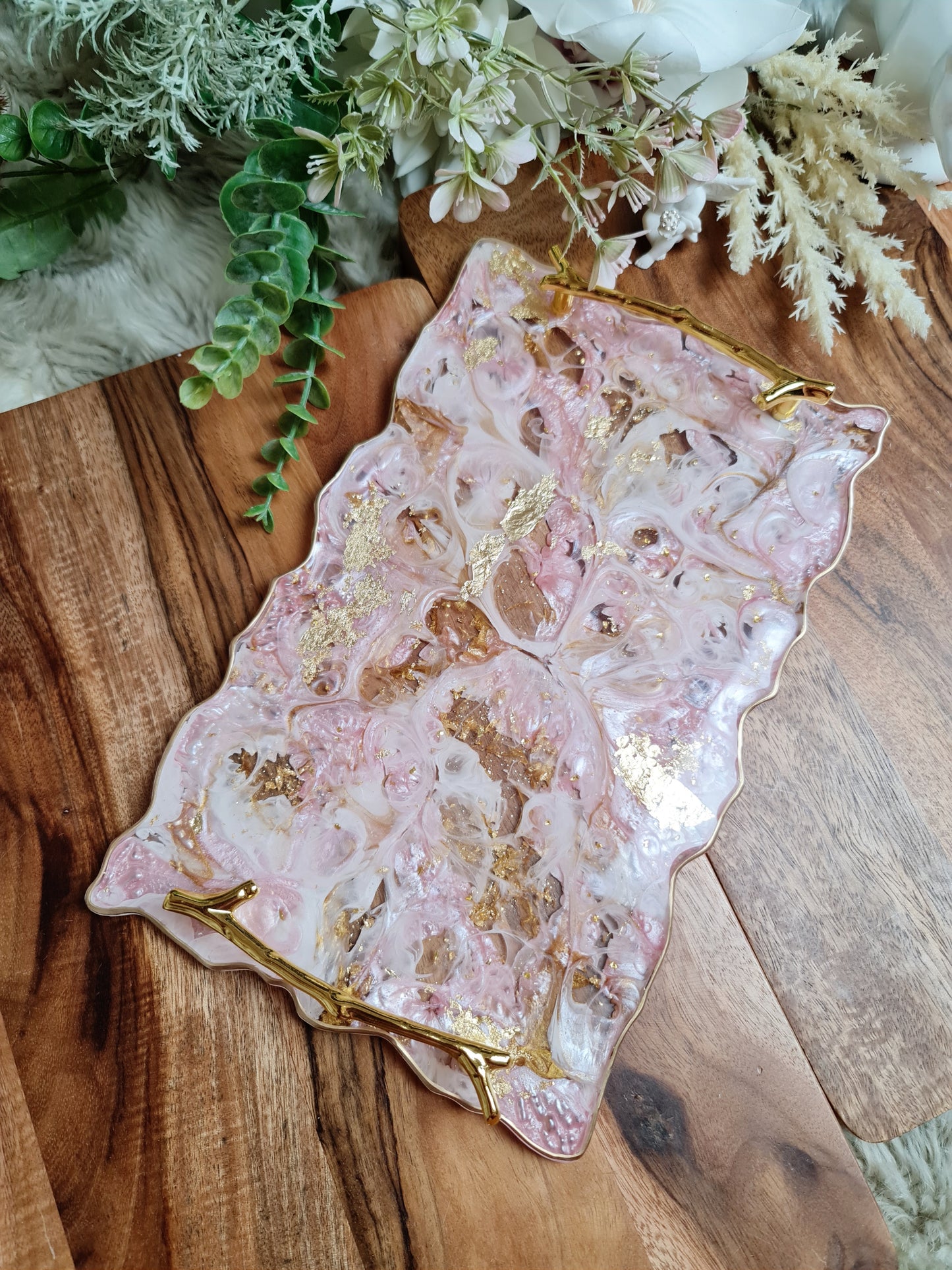 Pink, White and Gold Agate Resin Tray