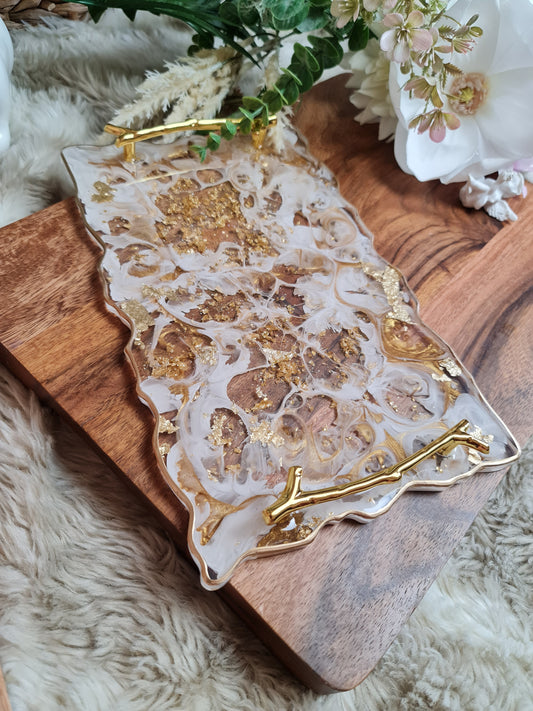Agate Resin Tray in White and Gold