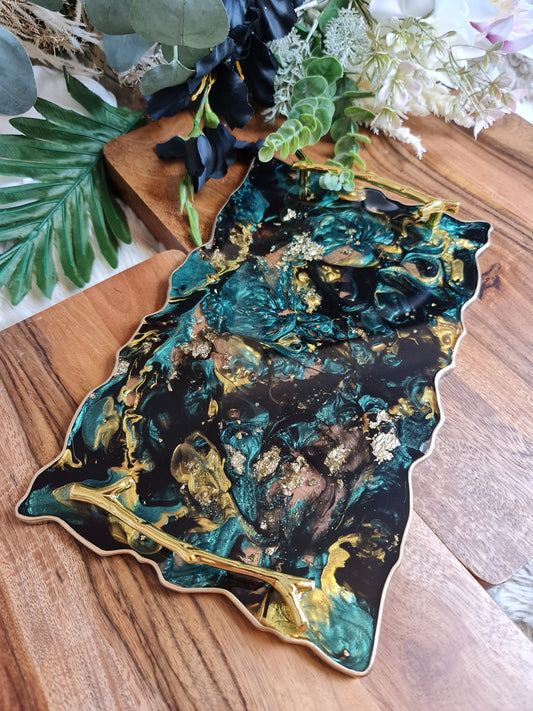 Emerald Green, Black and Gold Agate Resin Tray