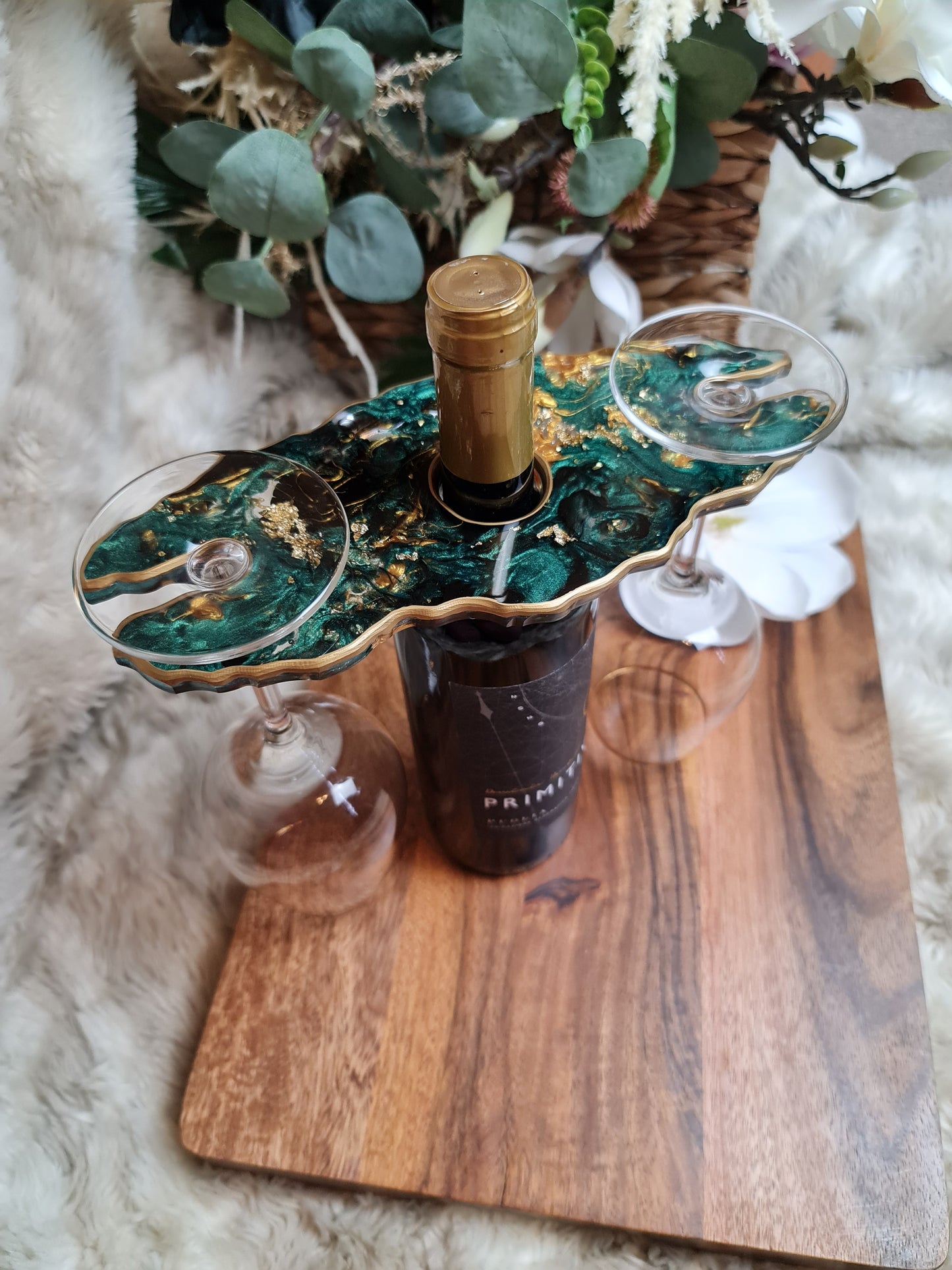 Glass and bottle holder in Emerald green with Gold flakes
