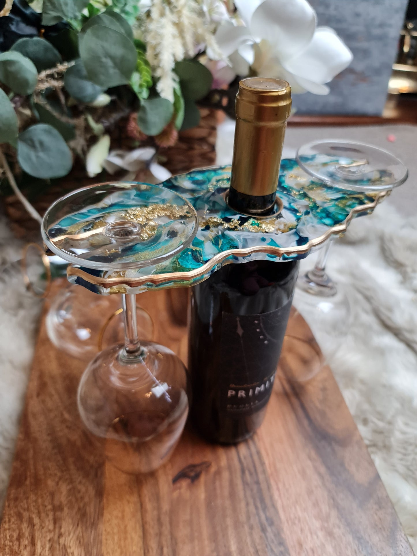 Glass and bottle holder in turqoise and gold